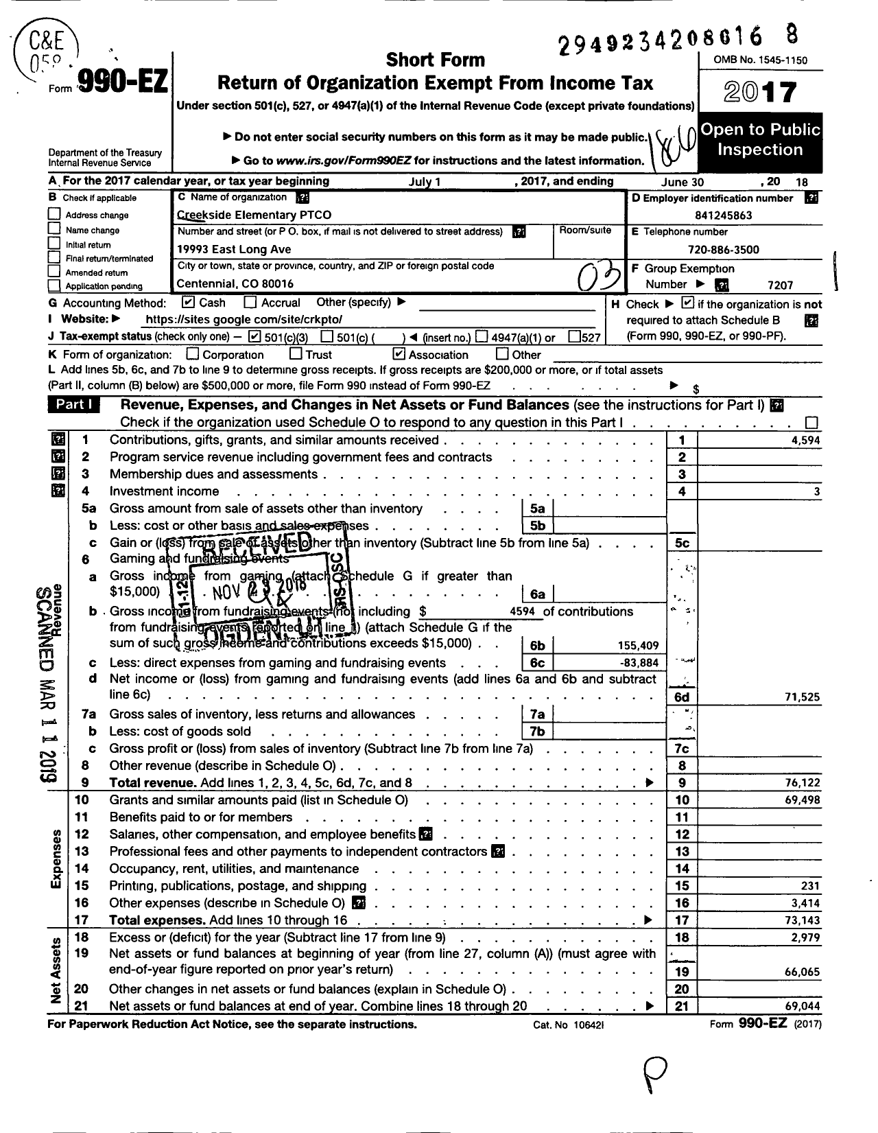 Image of first page of 2017 Form 990EZ for Creekside Elementary PTCO