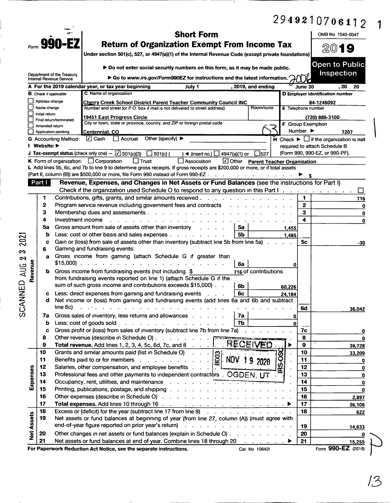 Image of first page of 2019 Form 990EZ for Cherry Creek School District Parent Teacher Community Council / Peakview Elementary Pto
