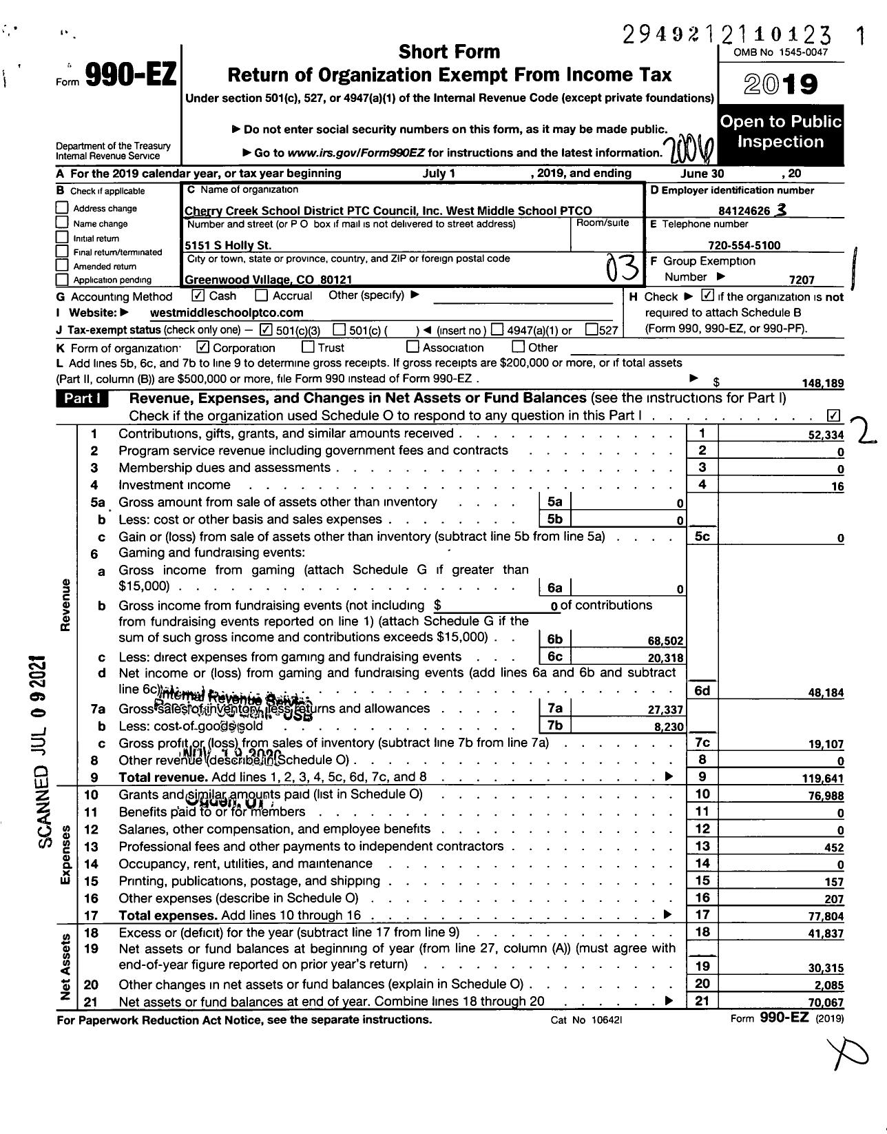 Image of first page of 2019 Form 990EZ for Cherry Creek School District Ptco West Middle School