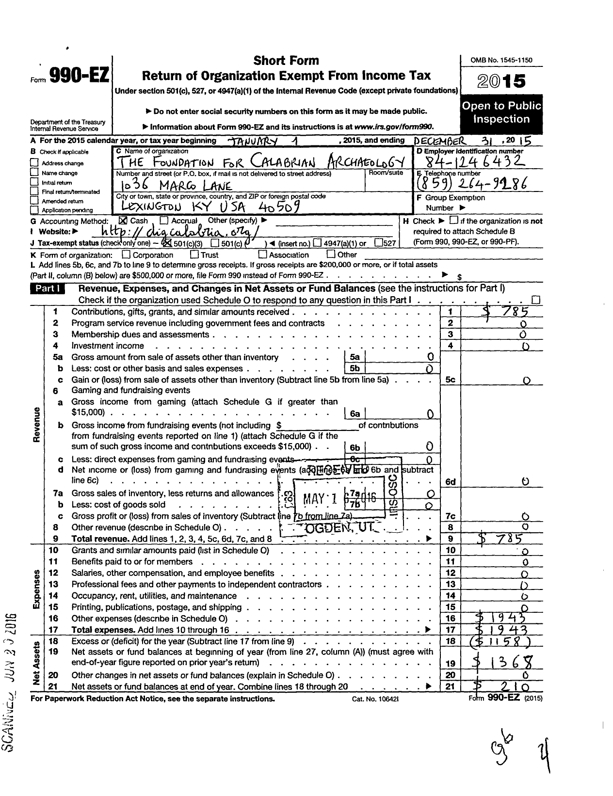 Image of first page of 2015 Form 990EZ for The Foundation for Calabrian Archaeology