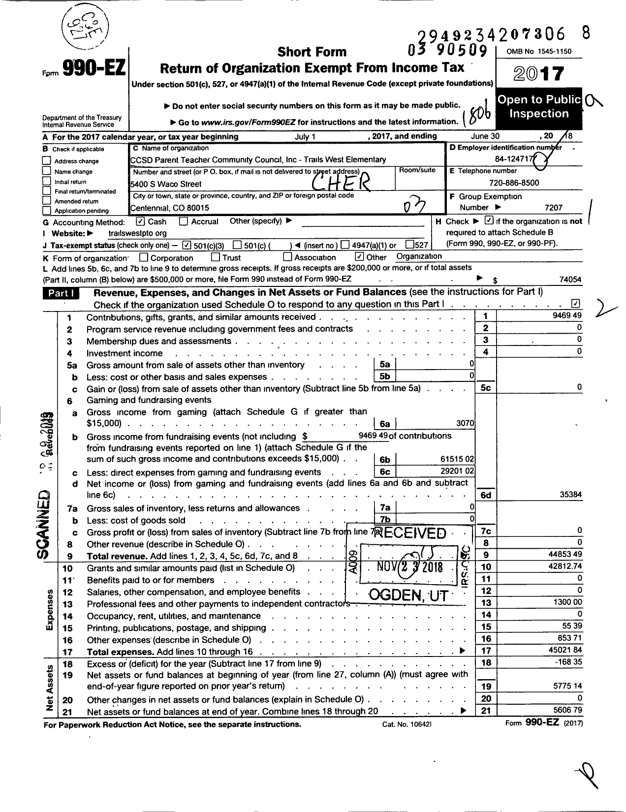 Image of first page of 2017 Form 990EZ for Cherry CREEK SCHOOL District PARENT TEACHER COMMUNITY COUNCIL INC Trails West Elementary PTO