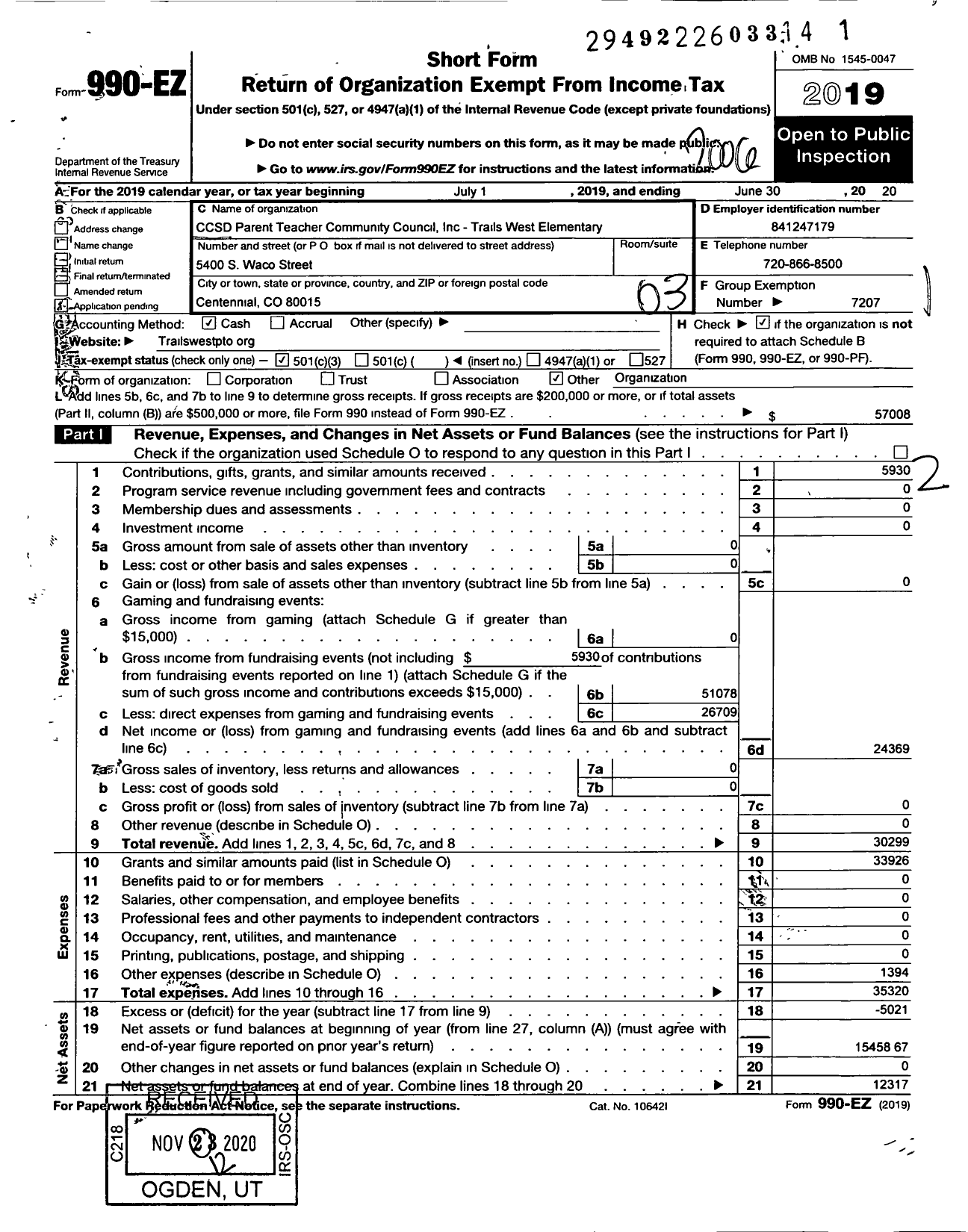 Image of first page of 2019 Form 990EZ for Cherry CREEK SCHOOL District PARENT TEACHER COMMUNITY COUNCIL INC Trails West Elementary PTO