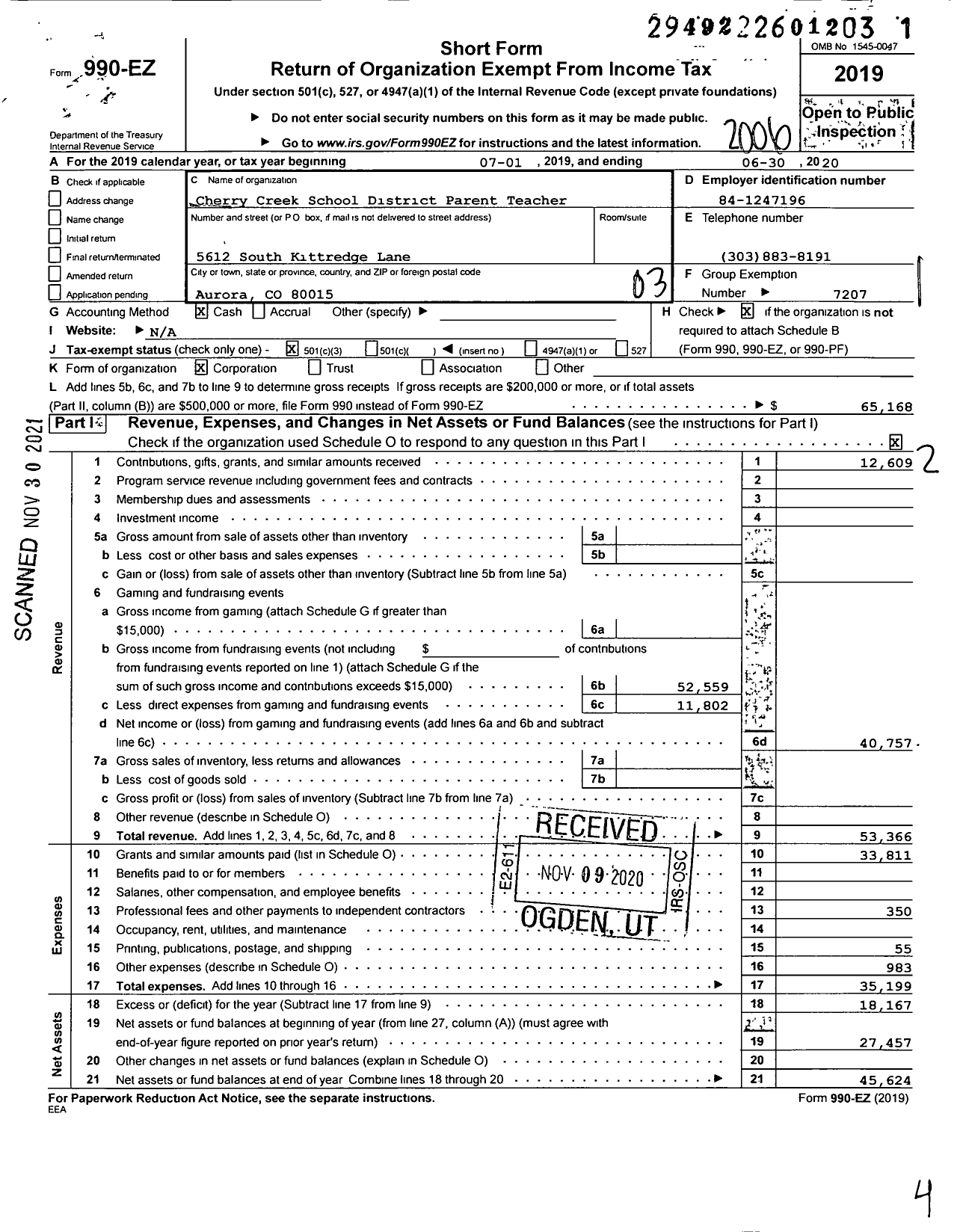 Image of first page of 2019 Form 990EZ for Indian Ridge Parent Teacher Organization