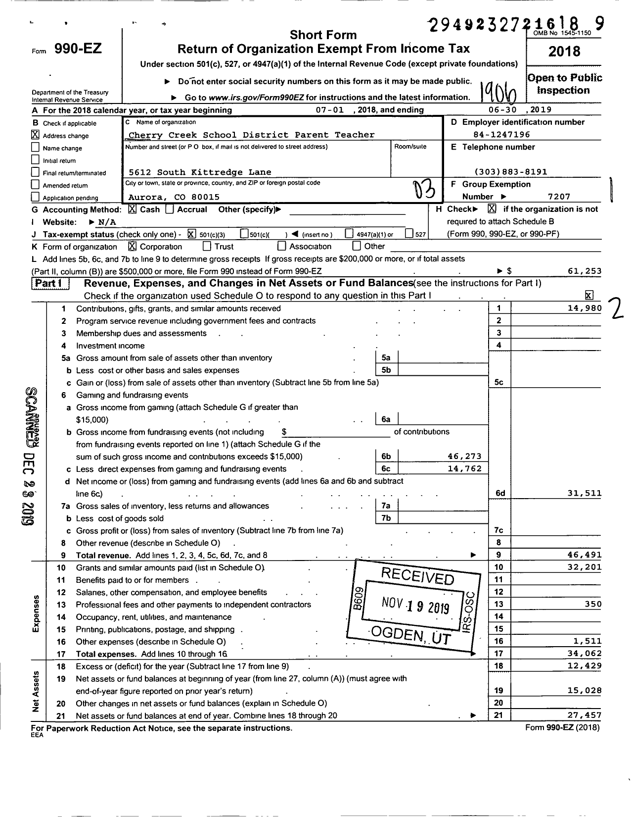 Image of first page of 2018 Form 990EZ for Indian Ridge Parent Teacher Organization