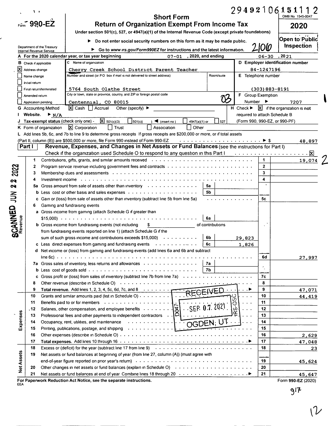 Image of first page of 2020 Form 990EZ for Indian Ridge Parent Teacher Organization