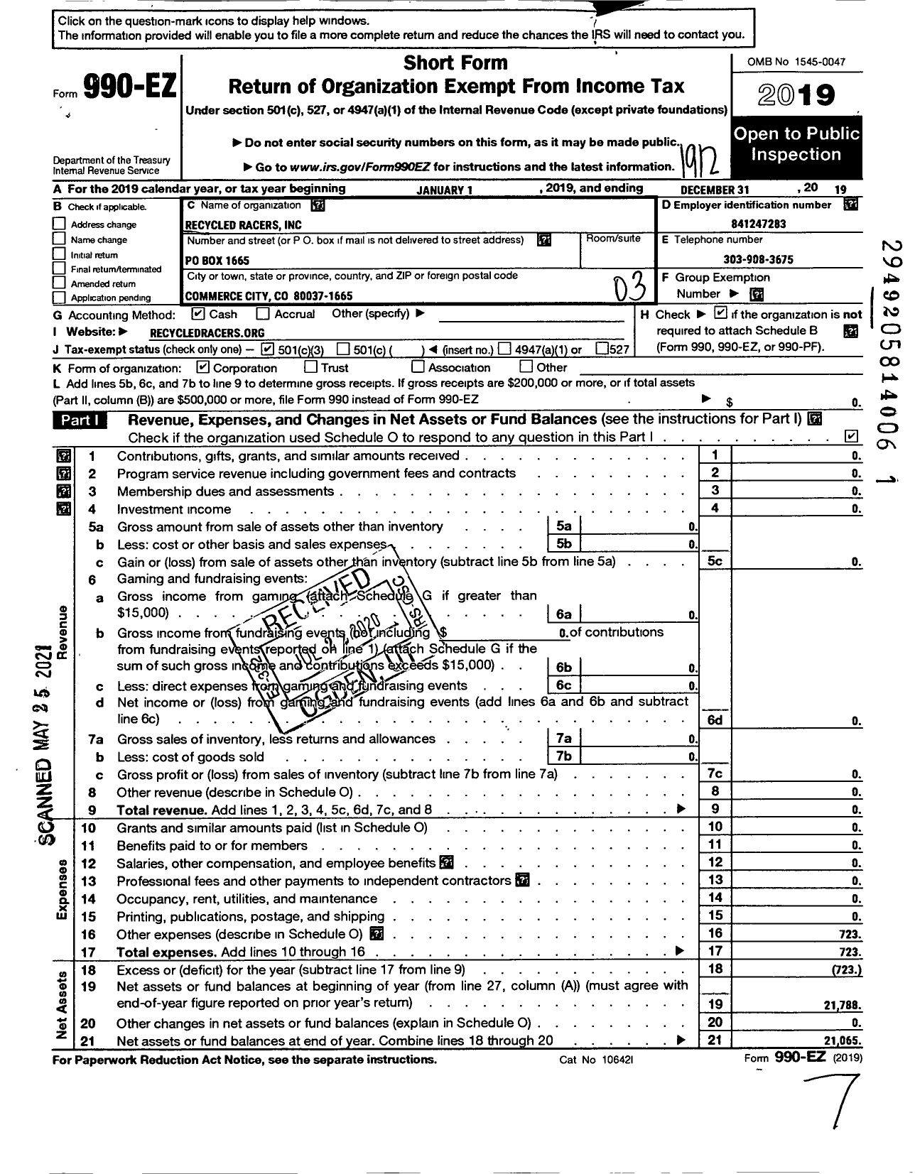 Image of first page of 2019 Form 990EZ for Recycled Racers