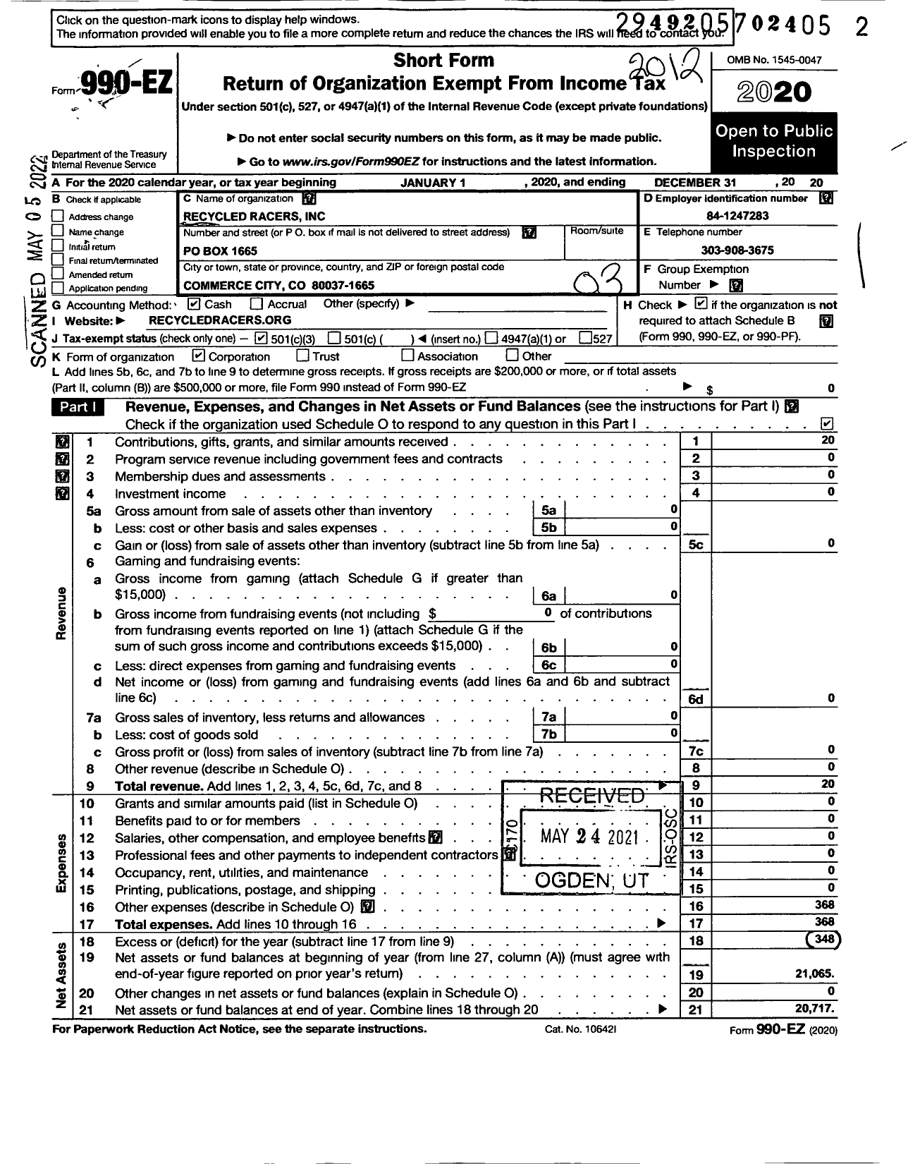 Image of first page of 2020 Form 990EZ for Recycled Racers