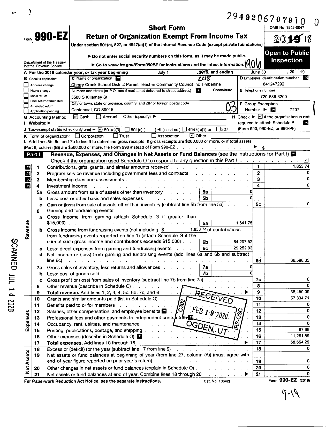 Image of first page of 2018 Form 990EZ for Cherry Creek School Distric Parent Teacher Community Council / Timberline Elementary Pto