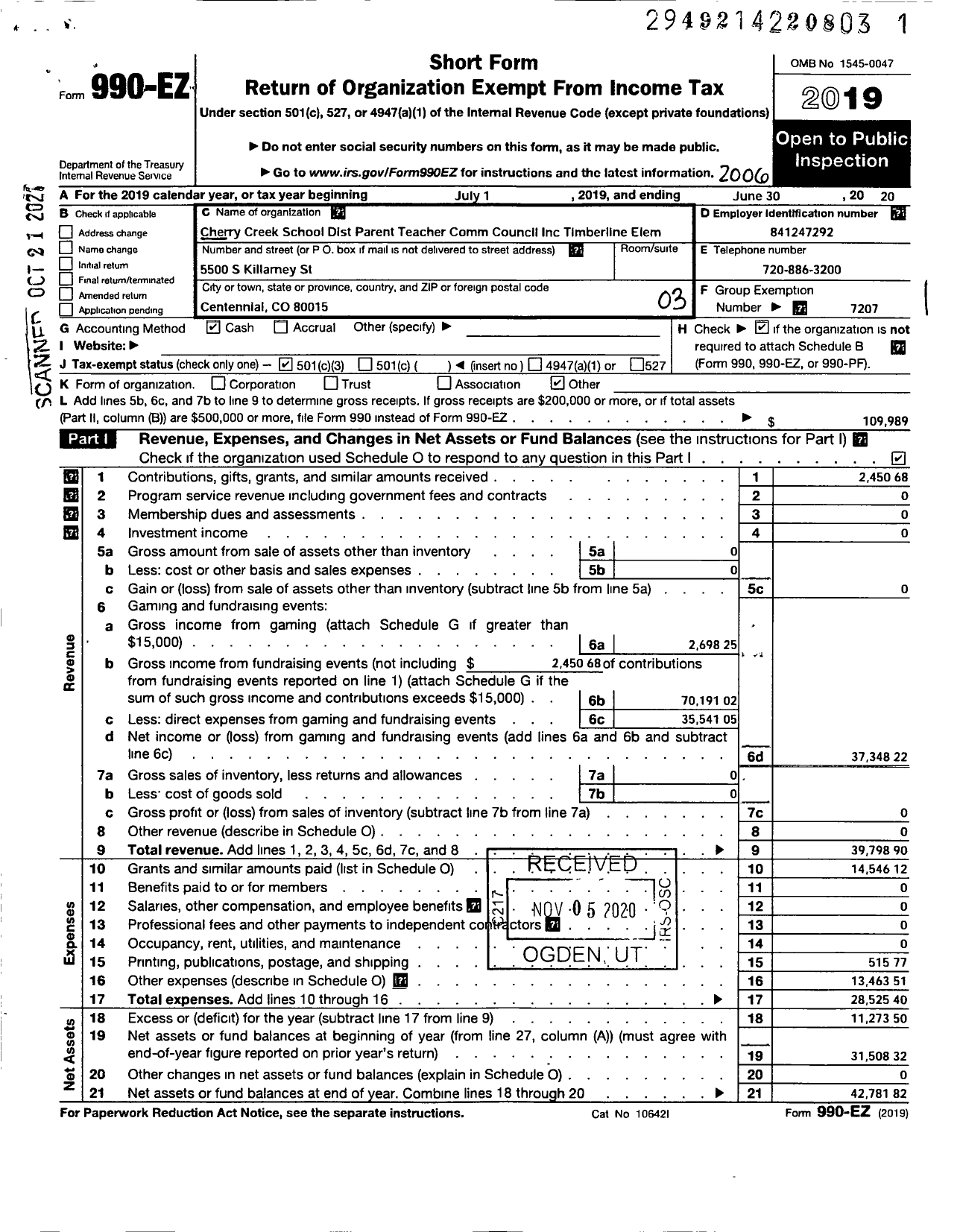 Image of first page of 2019 Form 990EZ for Cherry Creek School Distric Parent Teacher Community Council / Timberline Elementary Pto