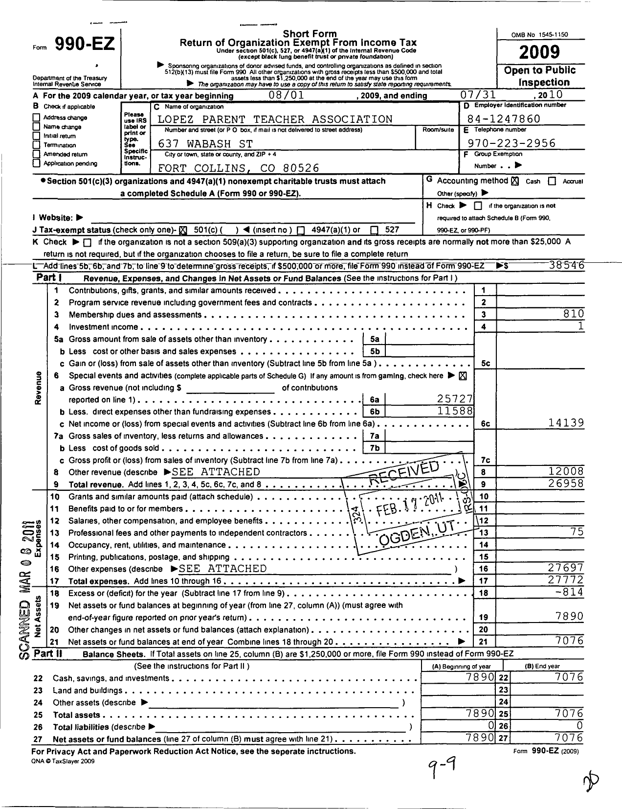 Image of first page of 2009 Form 990EO for PTA Colorado Congress / Lopez Elementary PTA