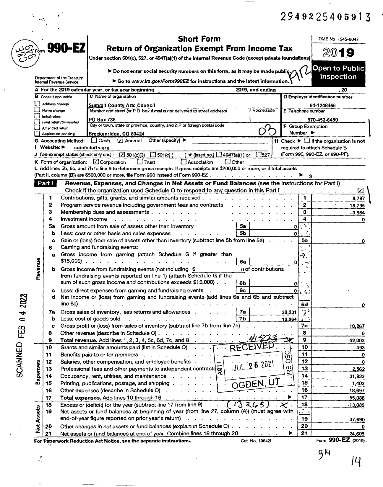 Image of first page of 2019 Form 990EZ for Summit County Arts Council