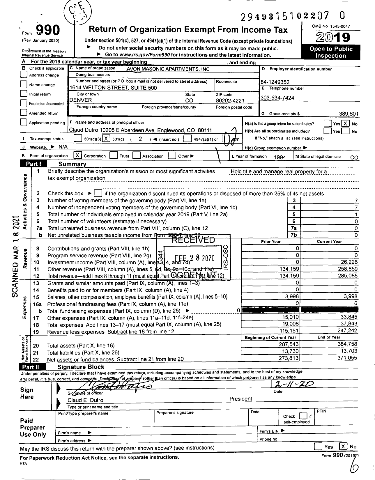 Image of first page of 2019 Form 990O for Avon Masonic Apartments