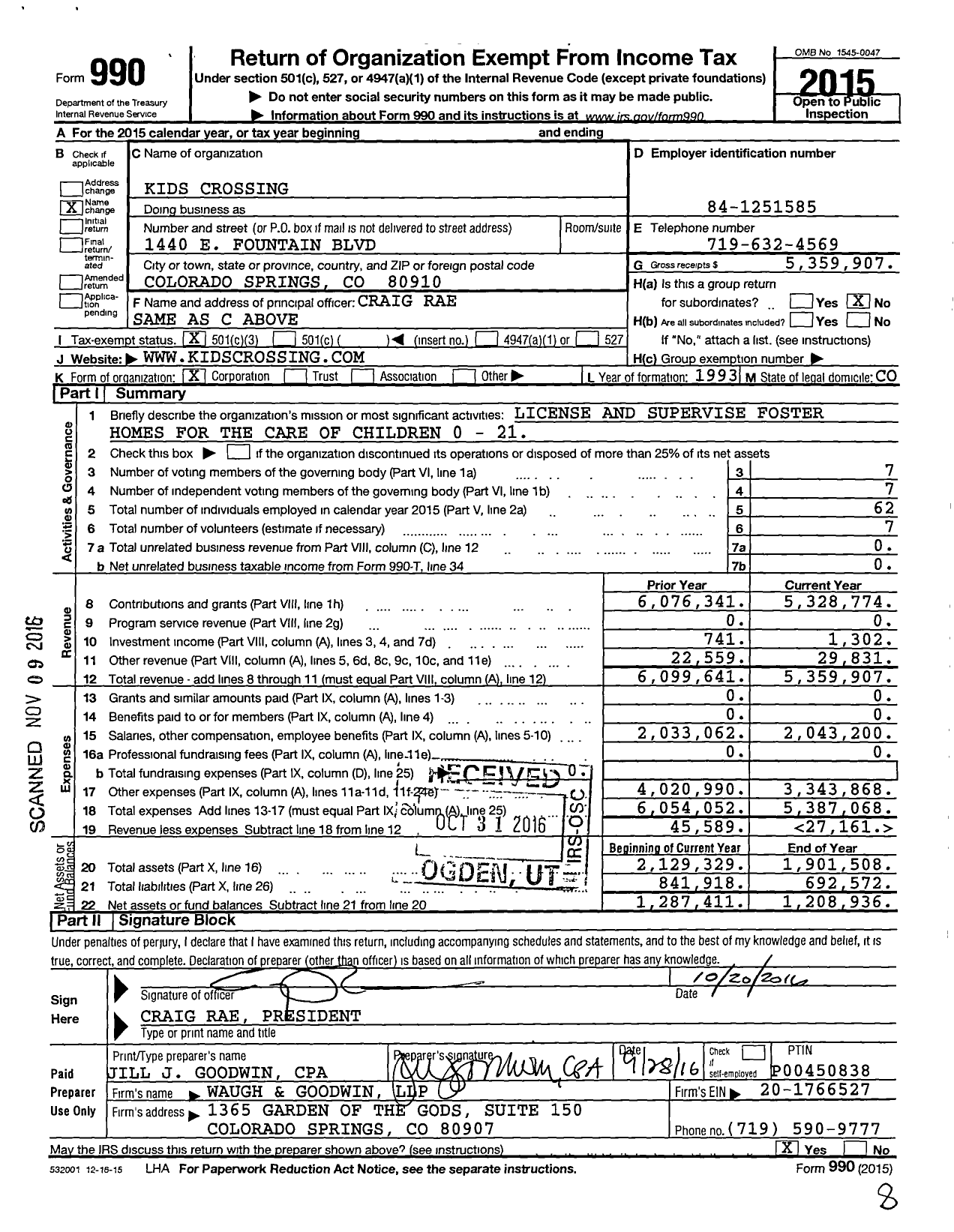 Image of first page of 2015 Form 990 for Kids Crossing
