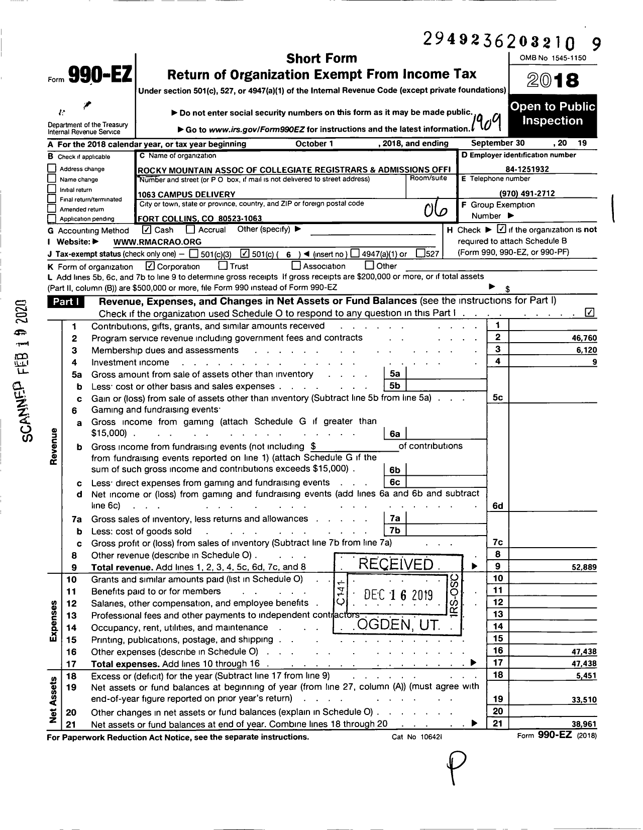 Image of first page of 2018 Form 990EO for Rocky Mountain Association of Collegiate Registrars and