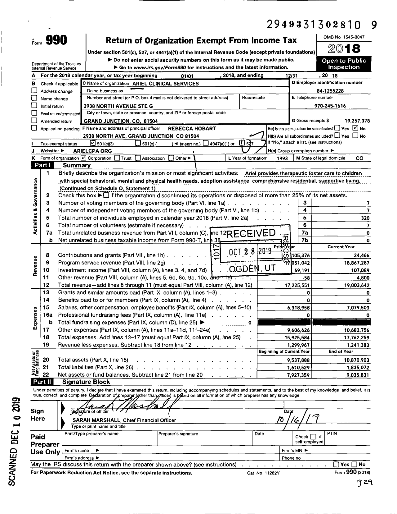 Image of first page of 2018 Form 990 for Ariel Clinical Services