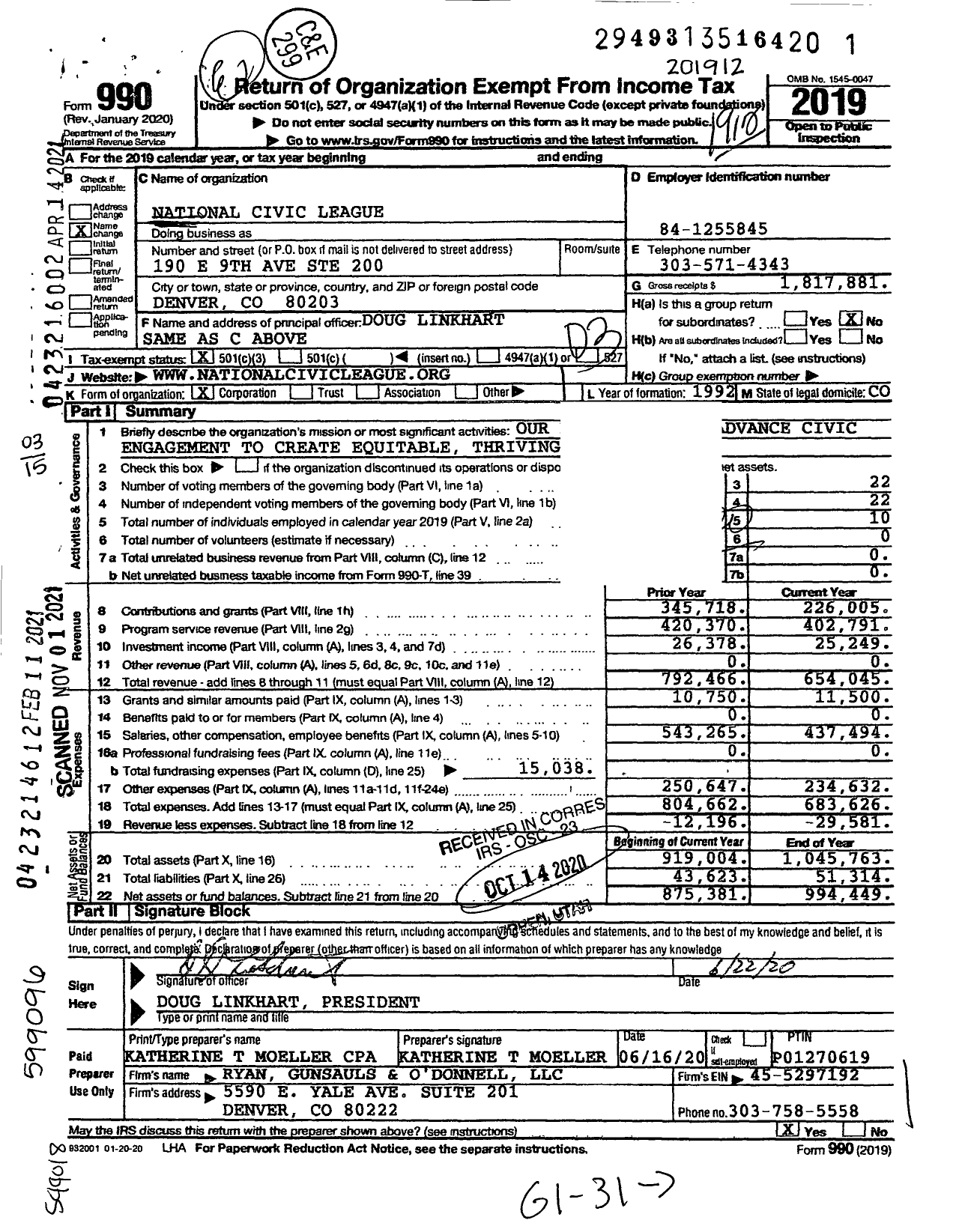 Image of first page of 2019 Form 990 for National Civic League