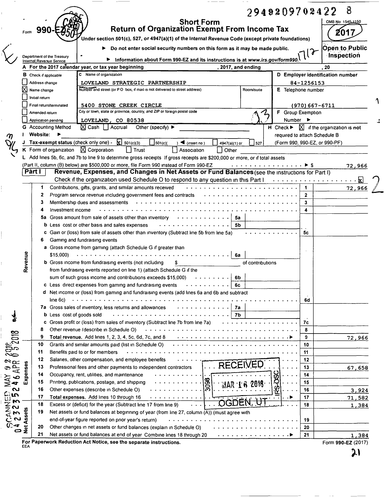 Image of first page of 2017 Form 990EZ for Loveland Strategic Partnership