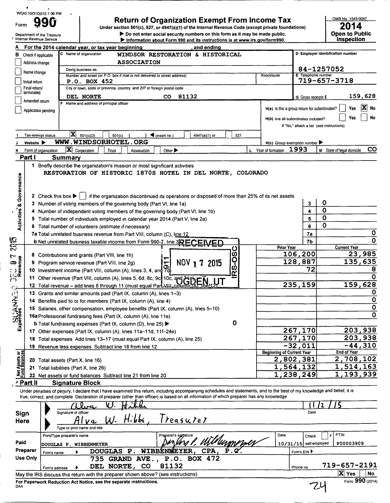 Image of first page of 2014 Form 990 for Windsor Restoration and Historical Association