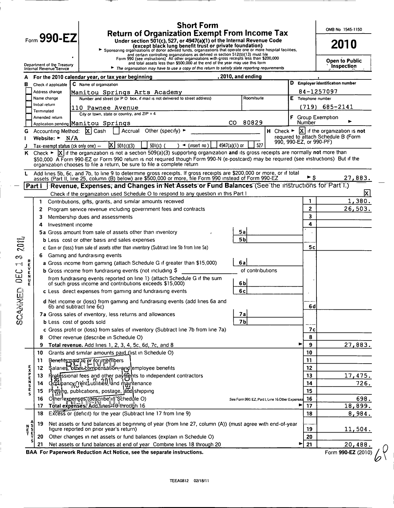 Image of first page of 2010 Form 990EZ for Manitou Springs Arts Academy