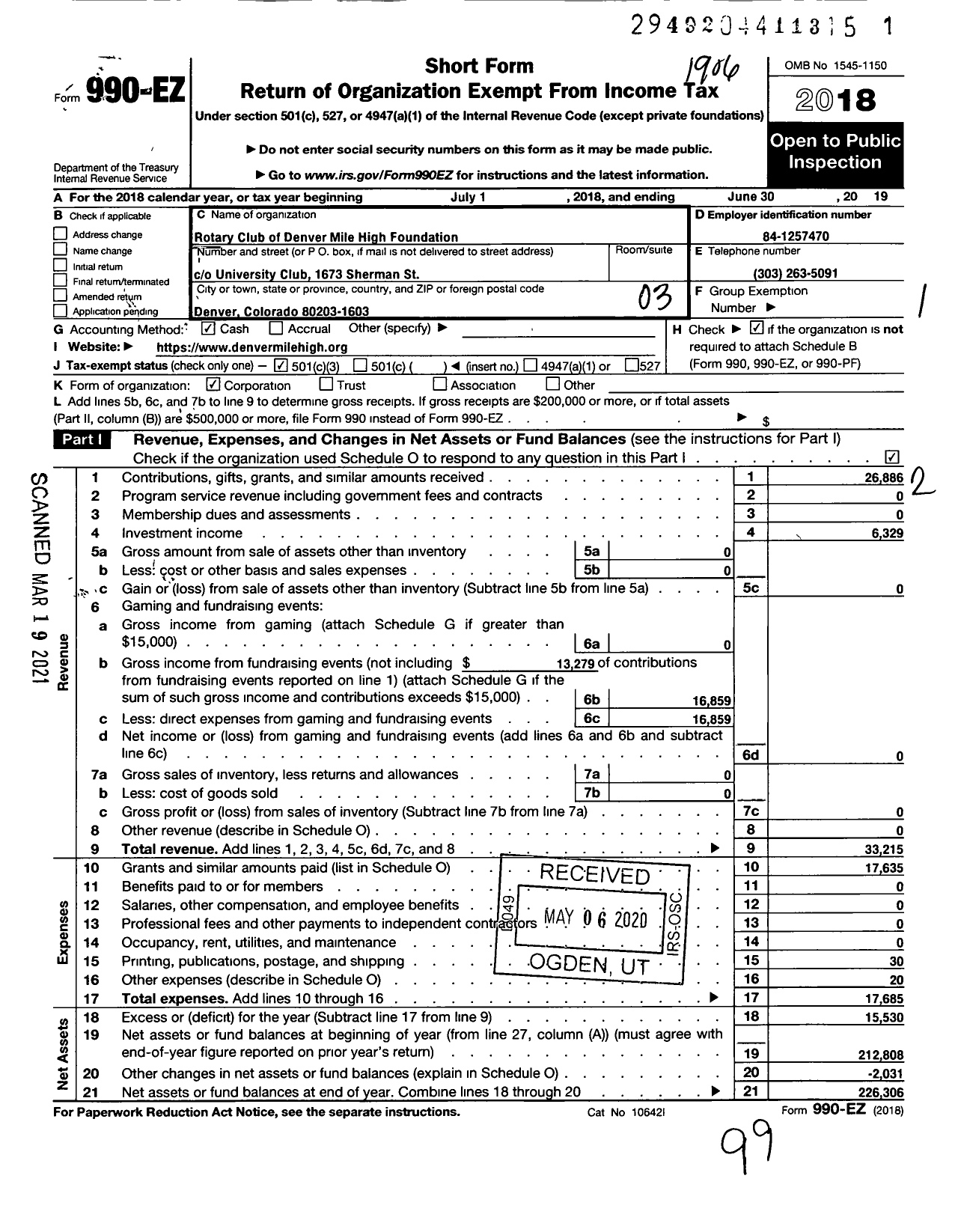 Image of first page of 2018 Form 990EZ for Rotary Club of Denver Mile High Foundation