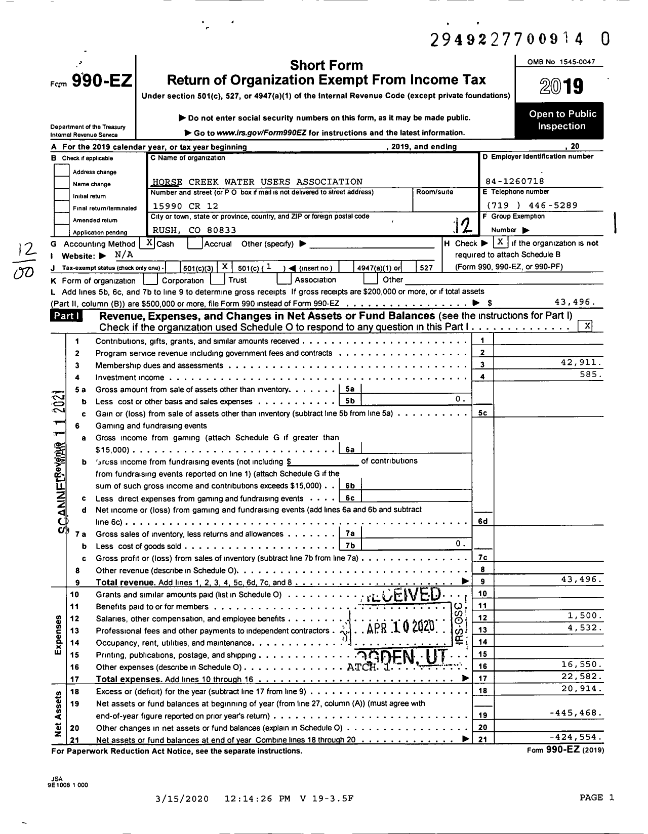 Image of first page of 2019 Form 990EO for Horse Creek Water Users Association (HCWUA)