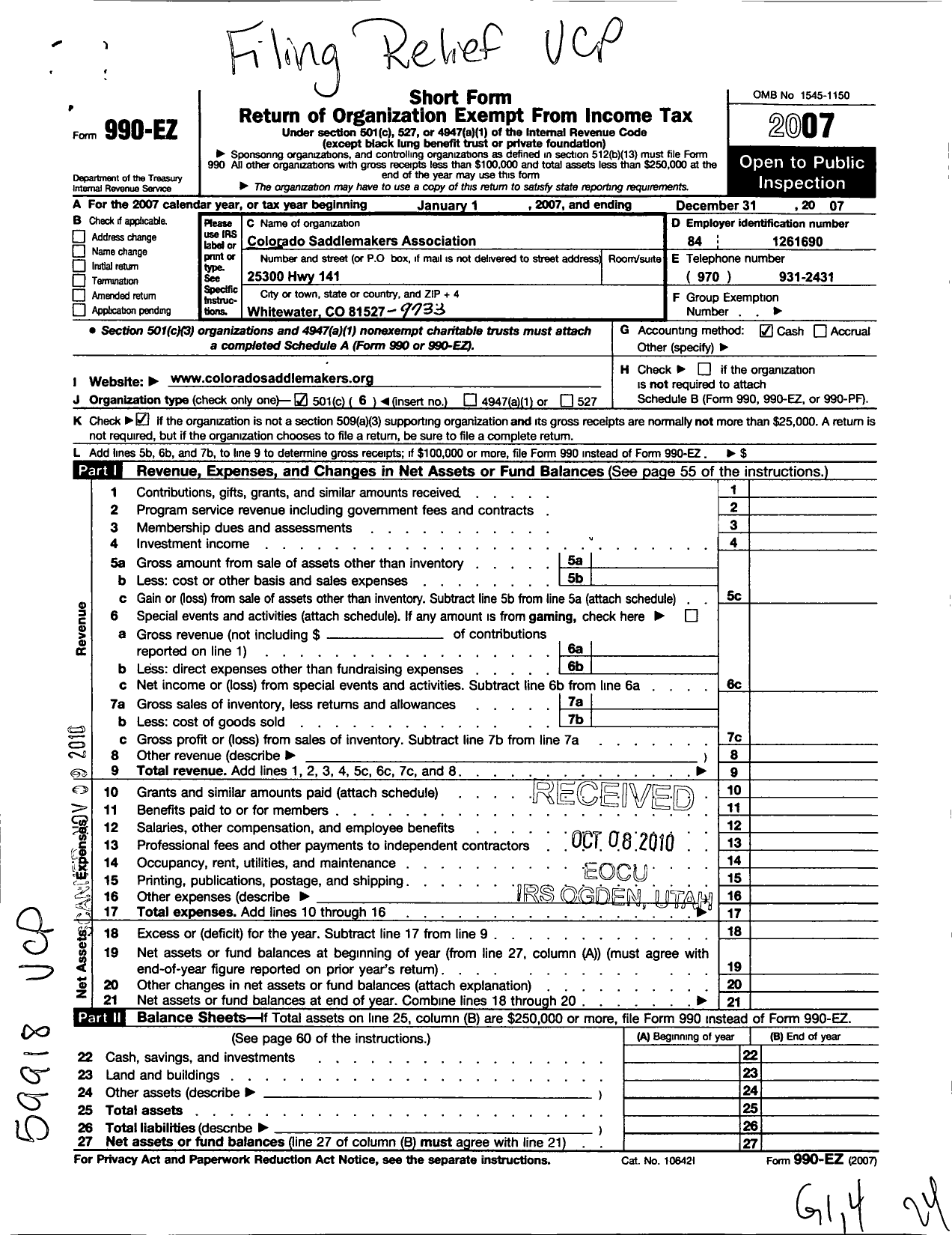 Image of first page of 2007 Form 990EO for Colorado Saddlemakers Association