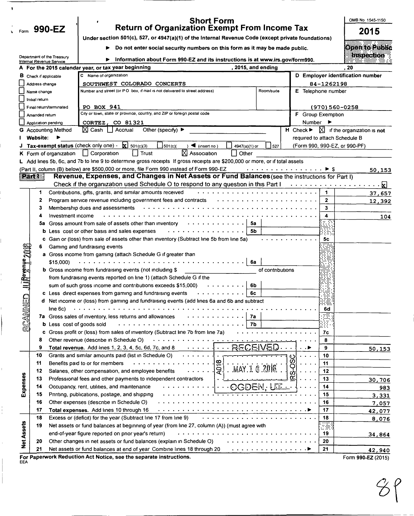 Image of first page of 2015 Form 990EZ for Southwest Colorado Concerts