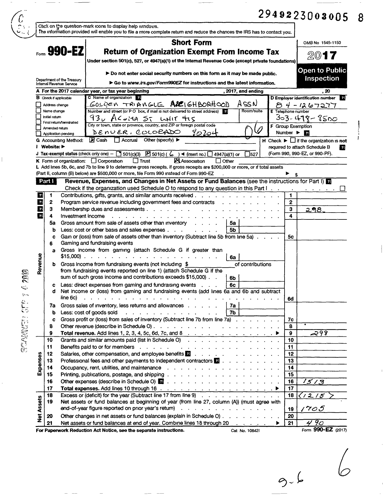 Image of first page of 2017 Form 990EO for Golden Triangle Neighborhood Association (GTNA)