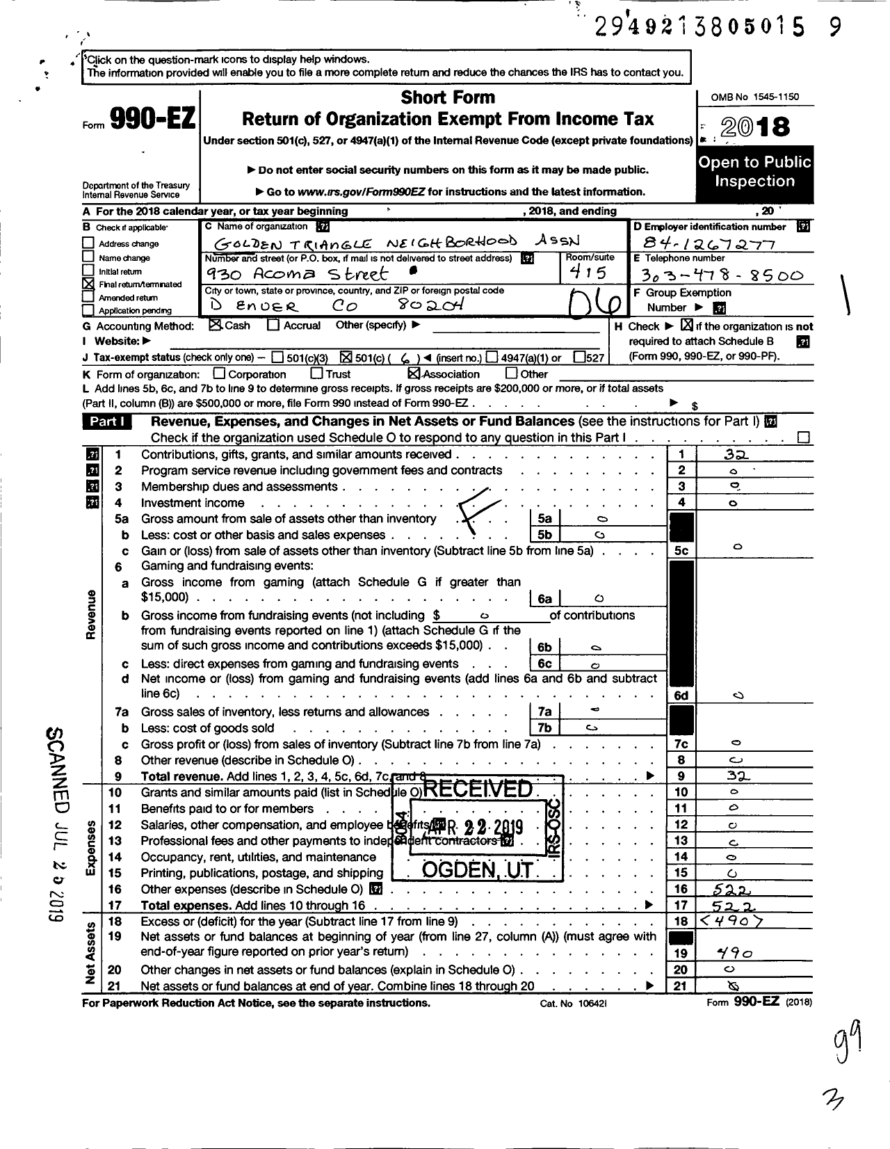 Image of first page of 2018 Form 990EO for Golden Triangle Neighborhood Association (GTNA)