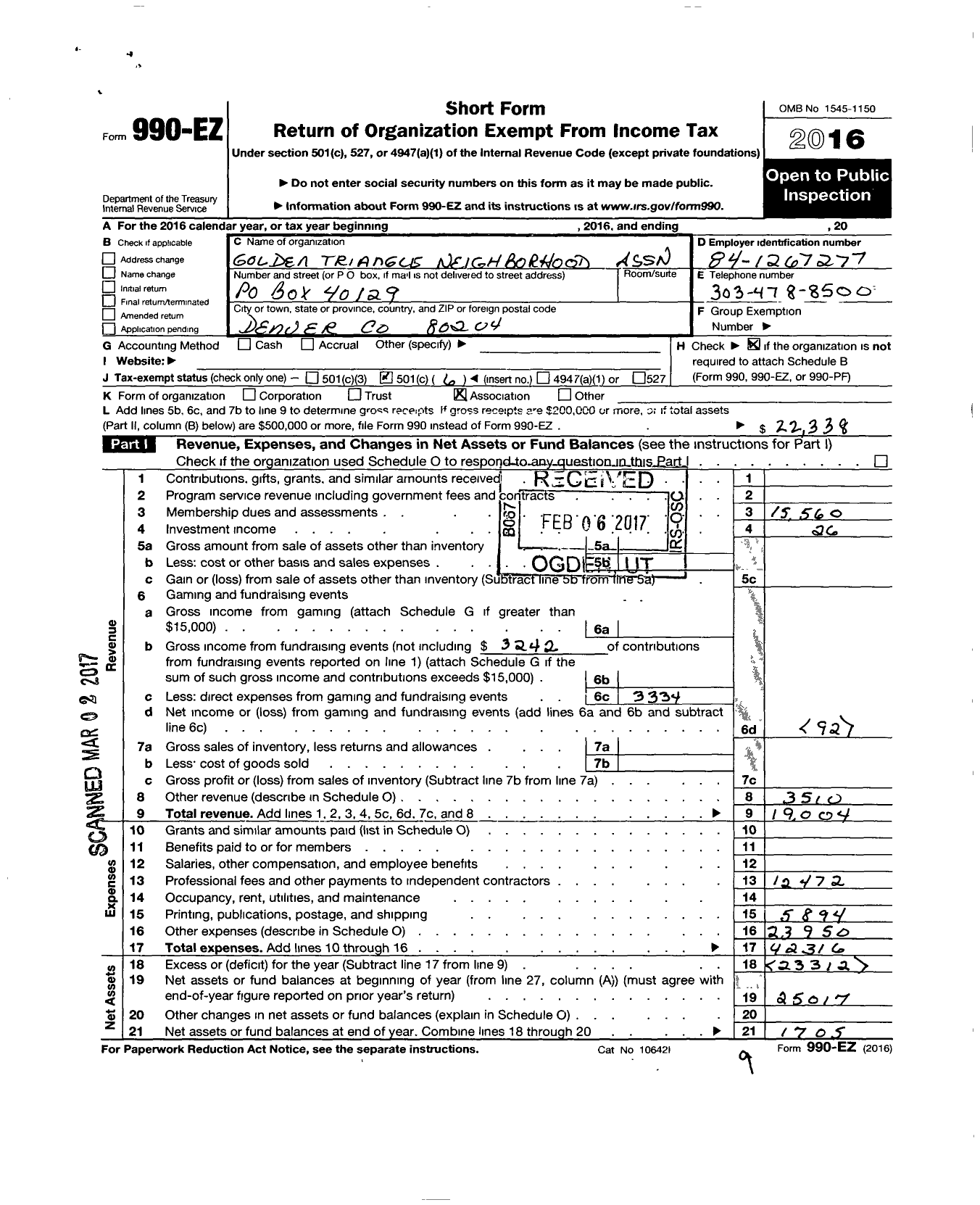 Image of first page of 2016 Form 990EO for Golden Triangle Neighborhood Association (GTNA)