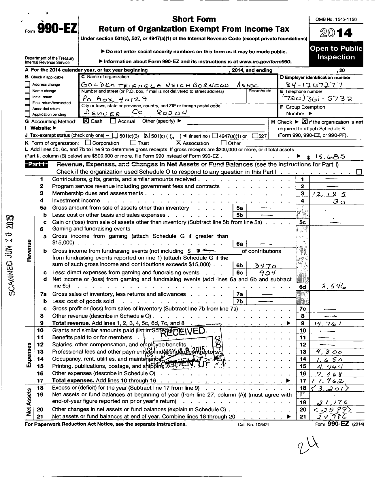 Image of first page of 2014 Form 990EO for Golden Triangle Neighborhood Association (GTNA)