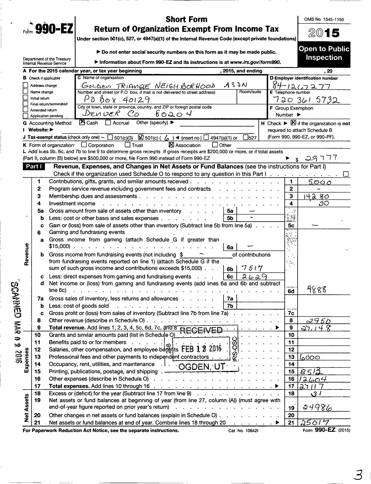 Image of first page of 2015 Form 990EO for Golden Triangle Neighborhood Association (GTNA)