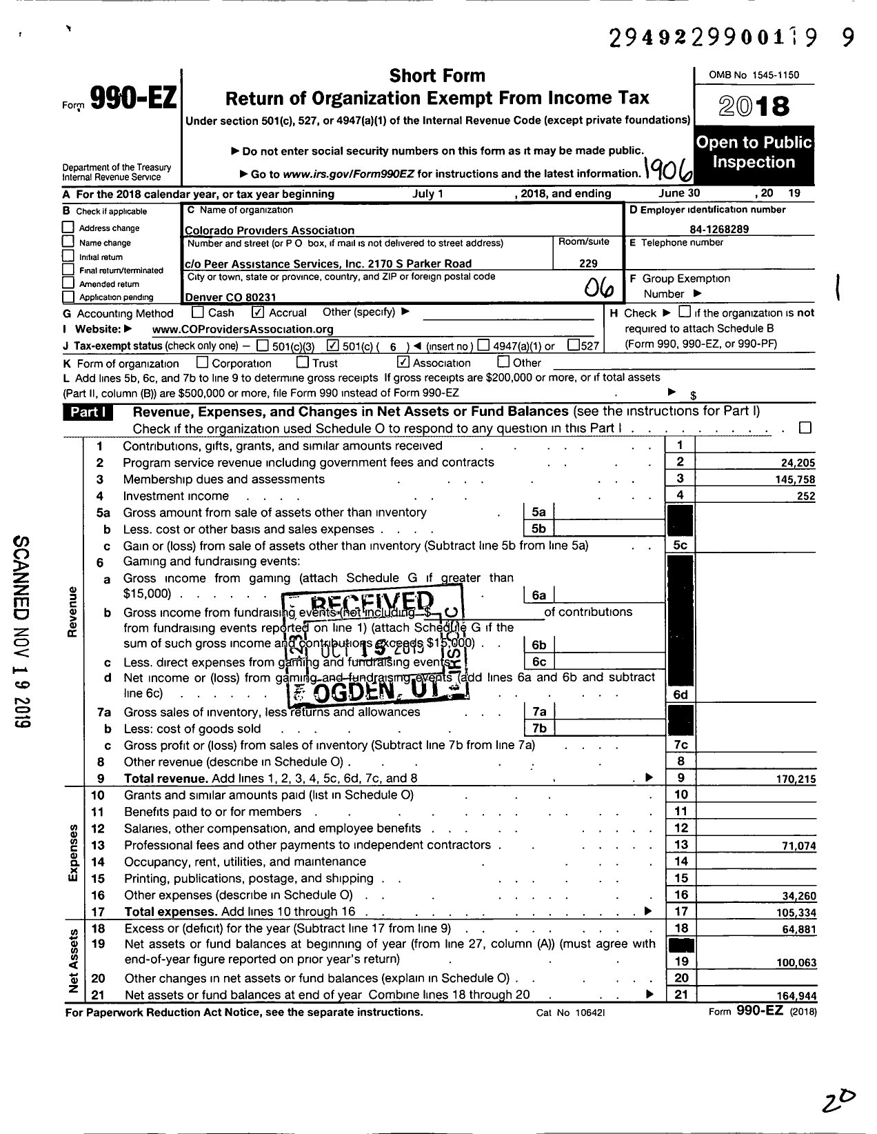 Image of first page of 2018 Form 990EO for Colorado Providers Association