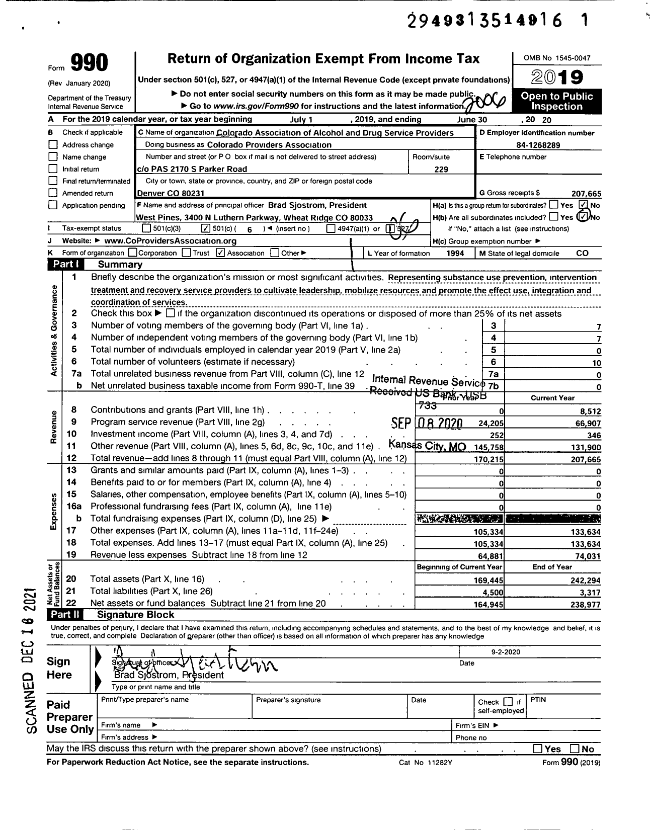 Image of first page of 2019 Form 990O for Colorado Providers Association