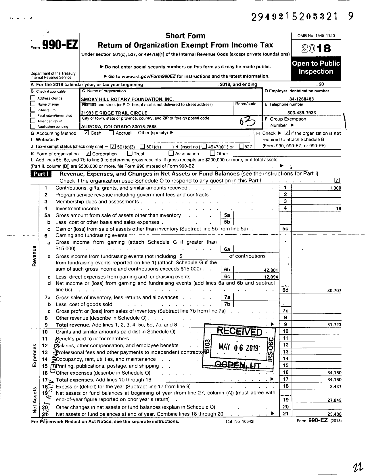 Image of first page of 2018 Form 990EZ for Smoky Hill Rotary Foundation