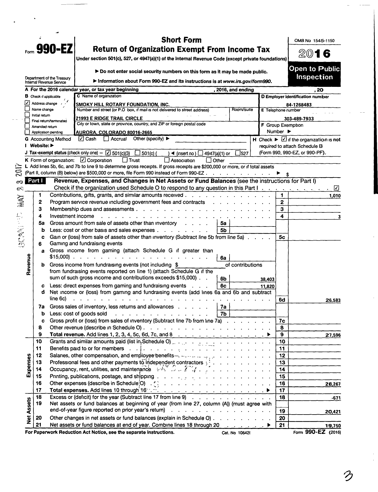 Image of first page of 2016 Form 990EZ for Smoky Hill Rotary Foundation