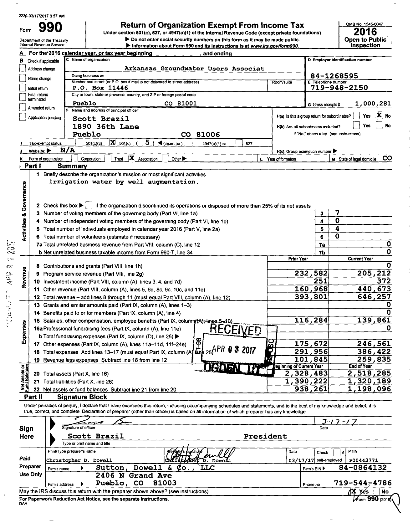 Image of first page of 2016 Form 990O for Arkansas Groundwater Users Association (AGUA)