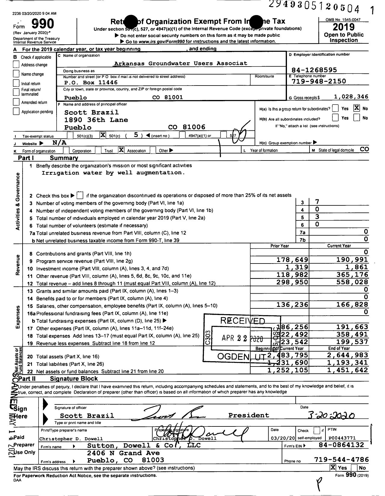 Image of first page of 2019 Form 990O for Arkansas Groundwater Users Association (AGUA)