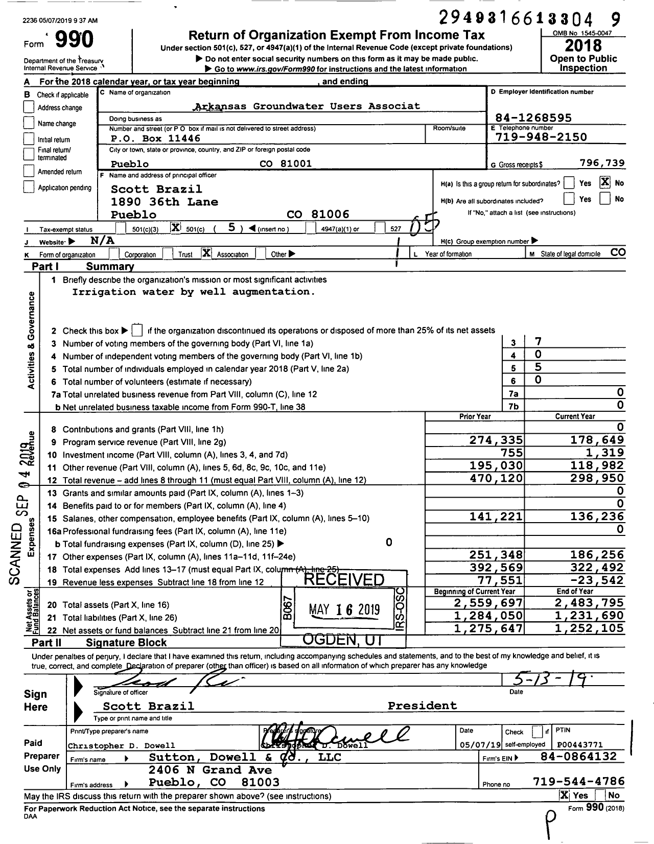 Image of first page of 2018 Form 990O for Arkansas Groundwater Users Association (AGUA)