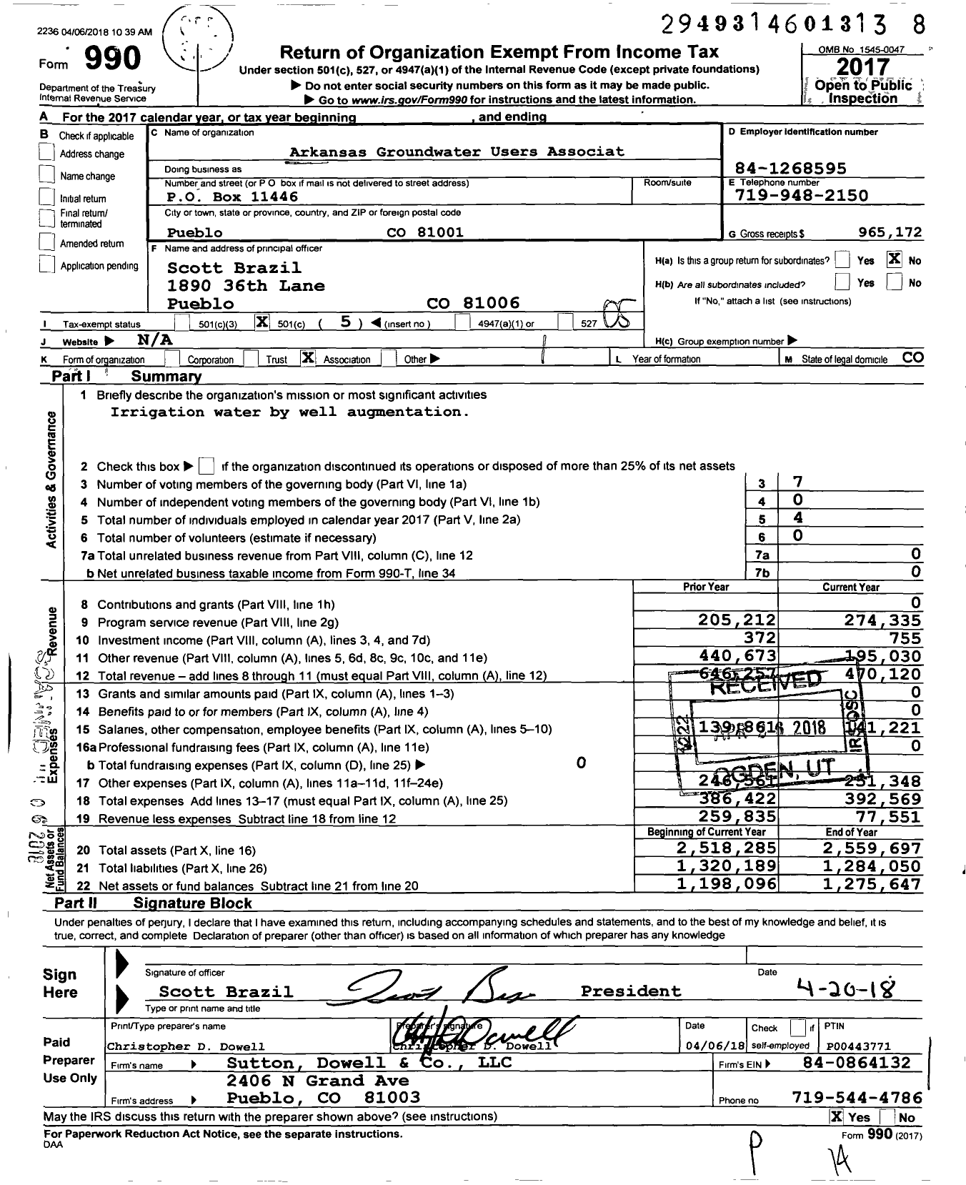 Image of first page of 2017 Form 990O for Arkansas Groundwater Users Association (AGUA)