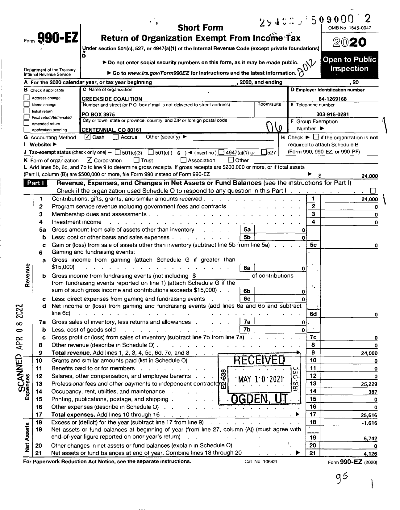 Image of first page of 2020 Form 990EO for Creekside Coalition