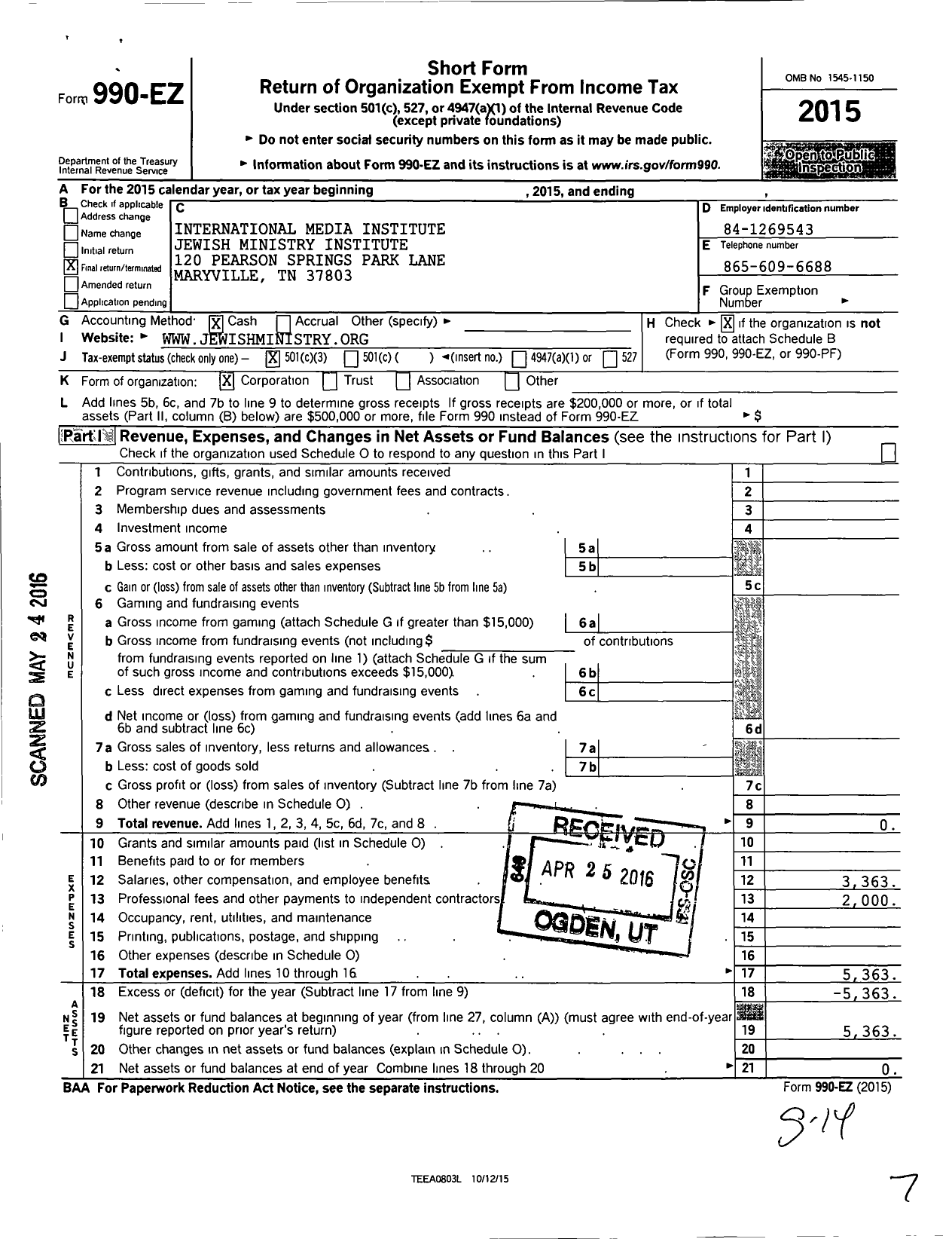 Image of first page of 2015 Form 990EZ for International Media Institute Jewish Ministry Institute