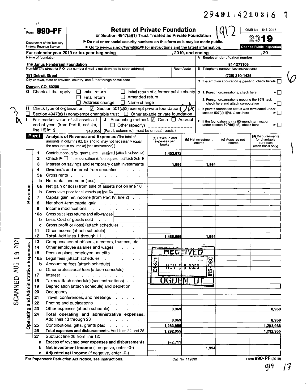 Image of first page of 2019 Form 990PF for The Janus Henderson Foundation