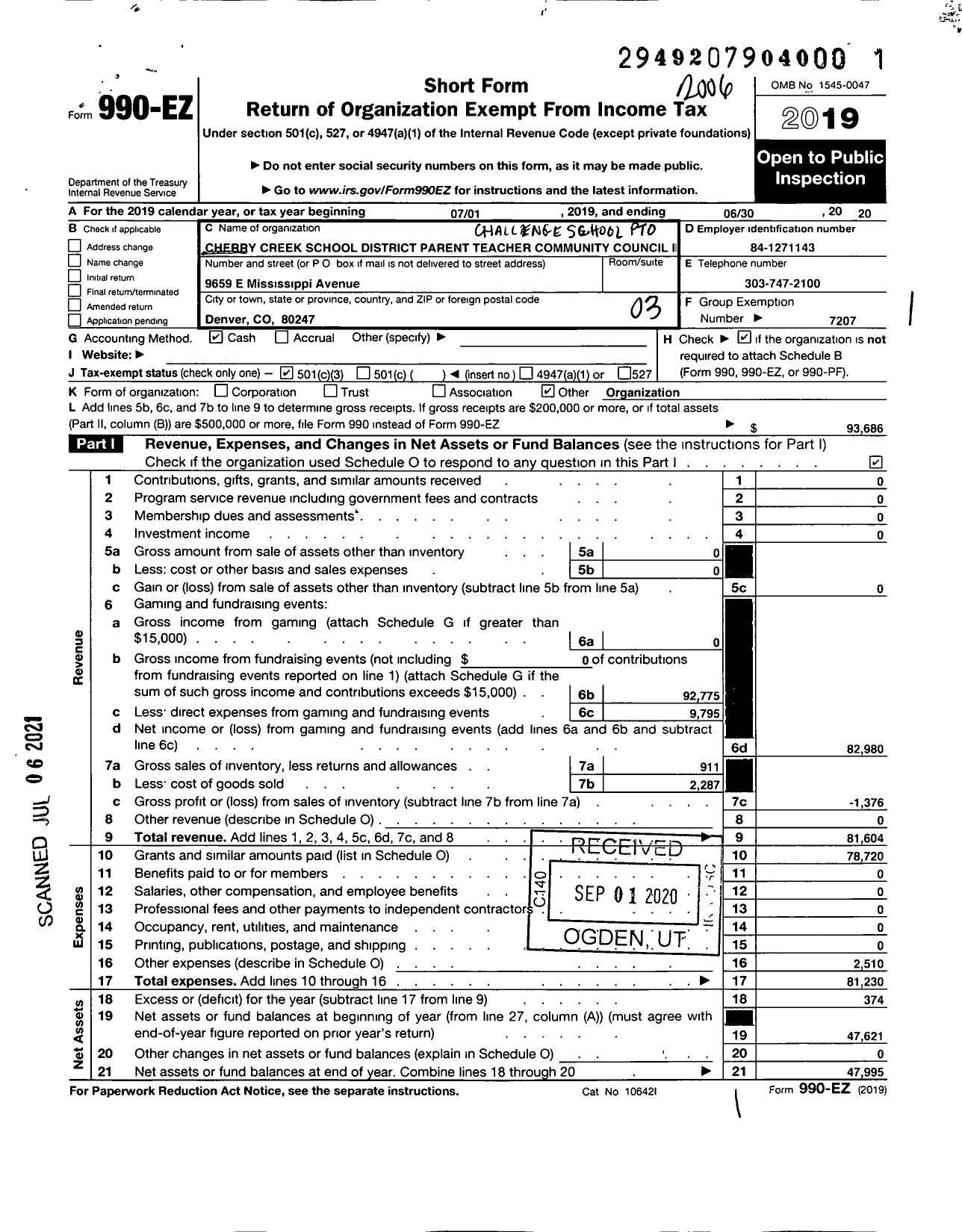 Image of first page of 2019 Form 990EZ for Cherry Creek School District Parent Teacher Community Council / Challenge School Ptco