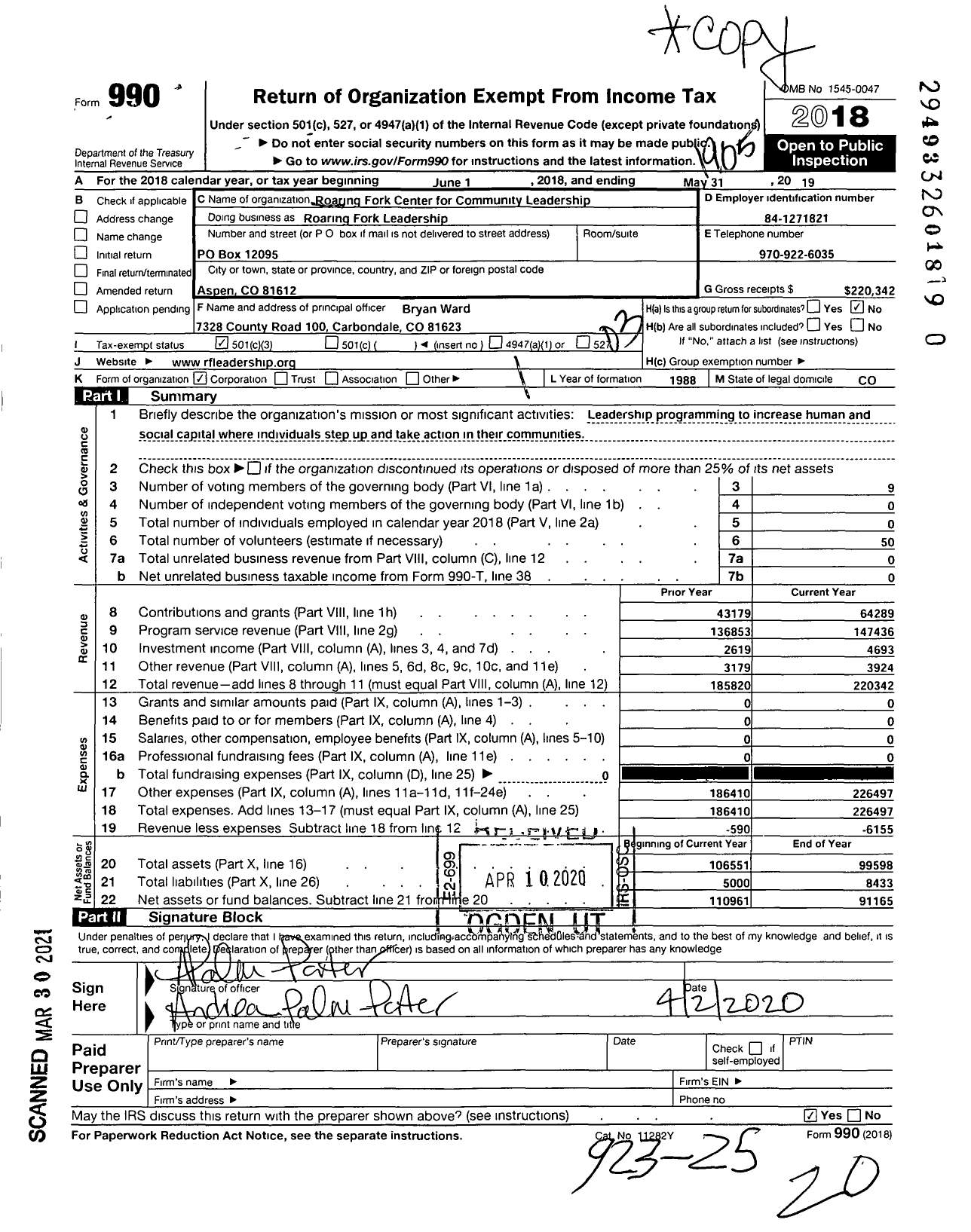 Image of first page of 2018 Form 990 for Roaring Fork Leadership