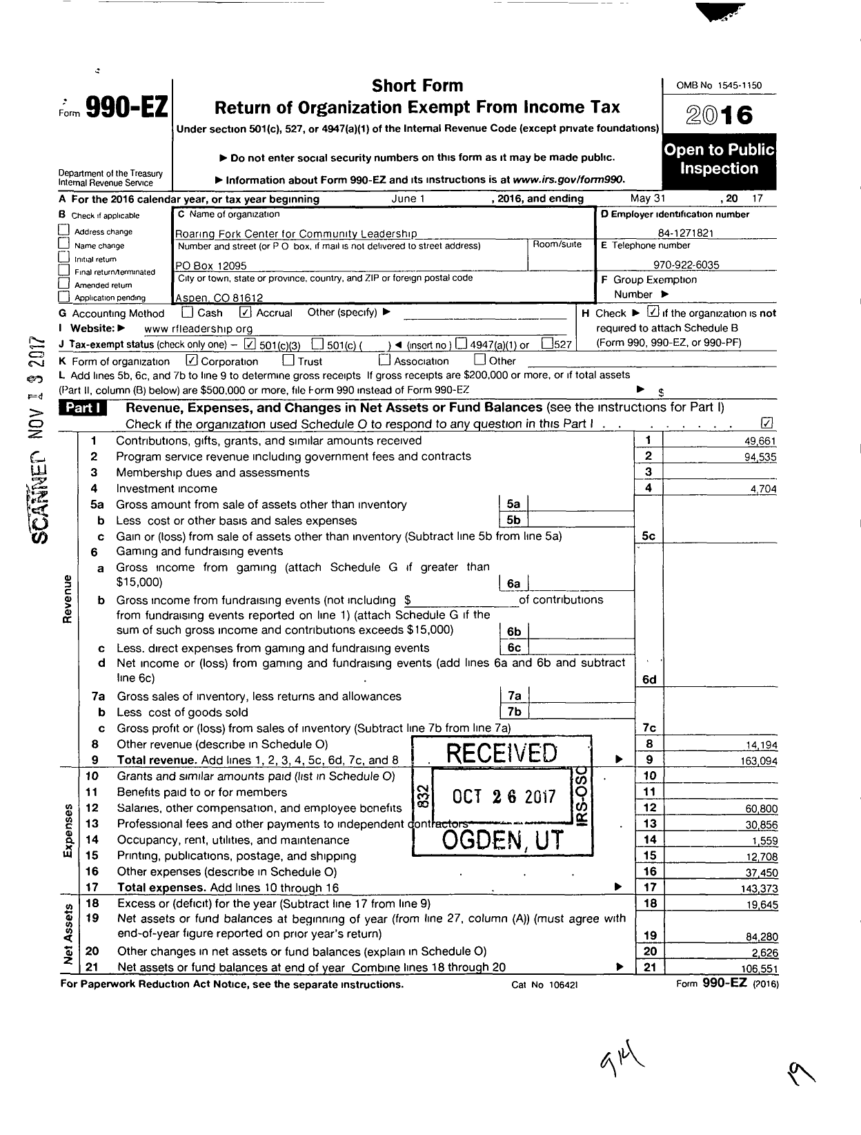 Image of first page of 2016 Form 990EZ for Roaring Fork Leadership