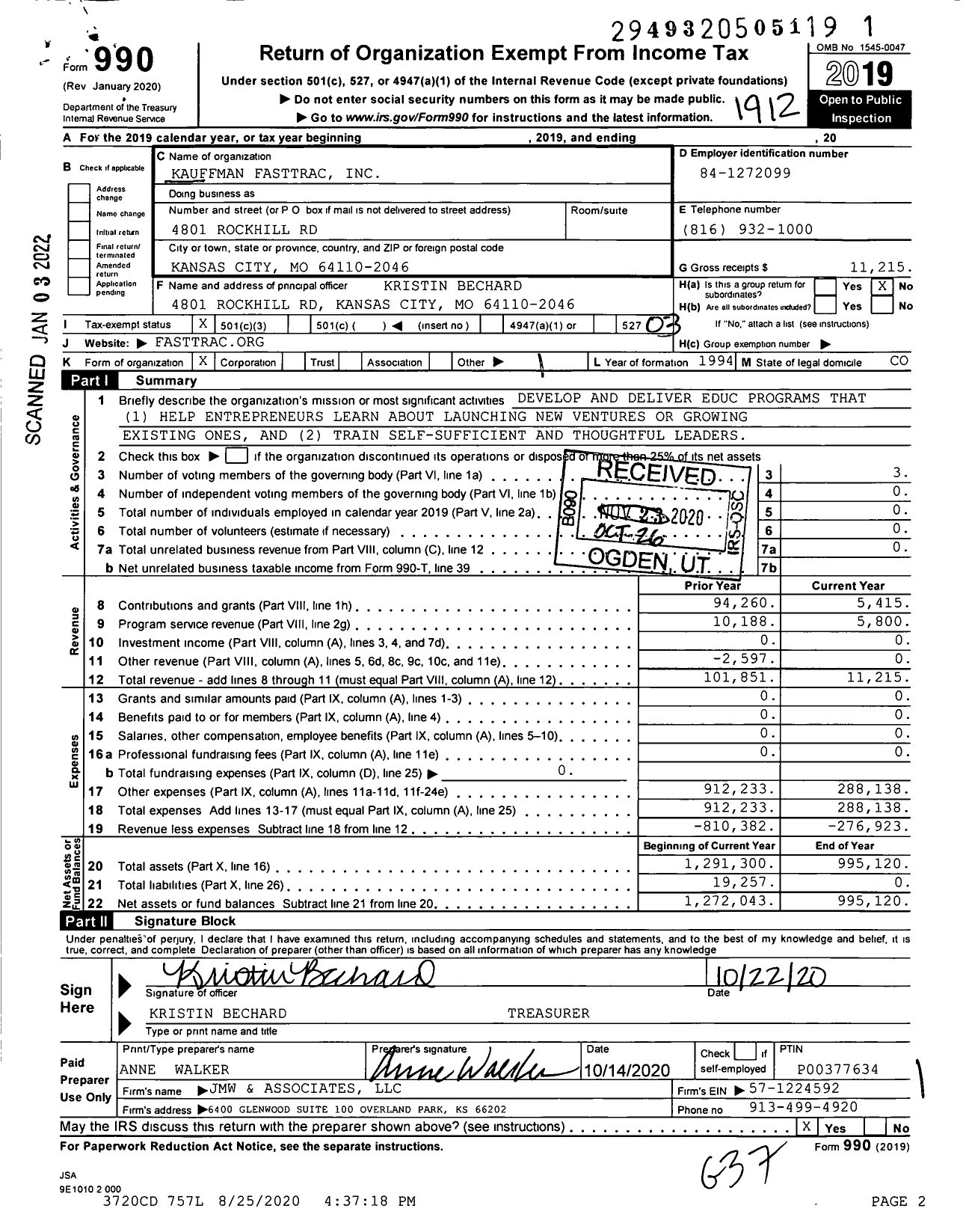 Image of first page of 2019 Form 990 for Kauffman Fasttrac