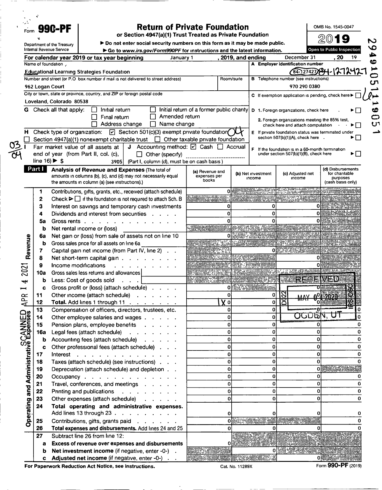 Image of first page of 2019 Form 990PF for Educational Learning Strategies Foundation