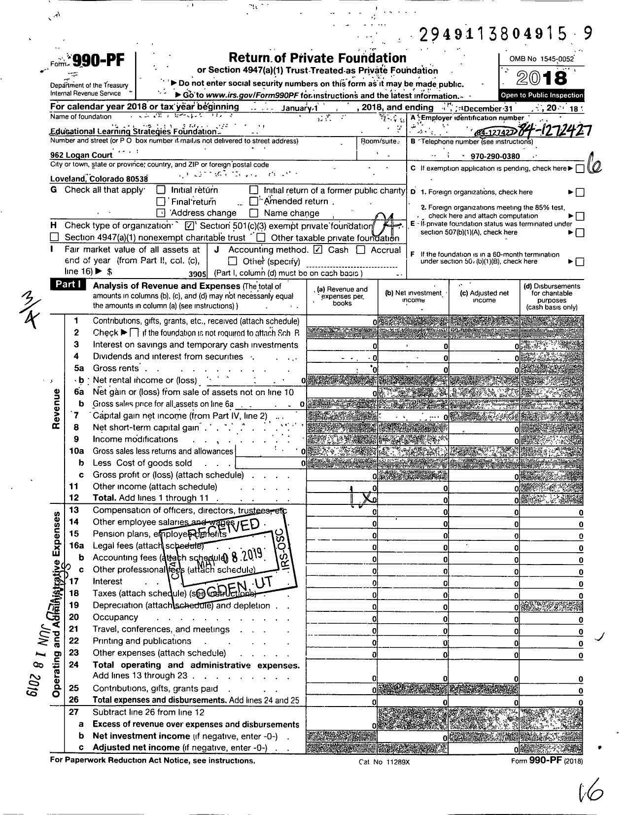 Image of first page of 2018 Form 990PF for Educational Learning Strategies Foundation