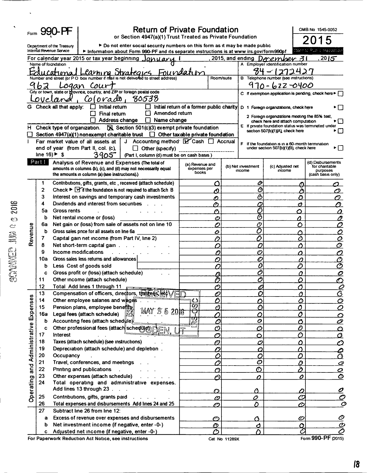 Image of first page of 2015 Form 990PF for Educational Learning Strategies Foundation